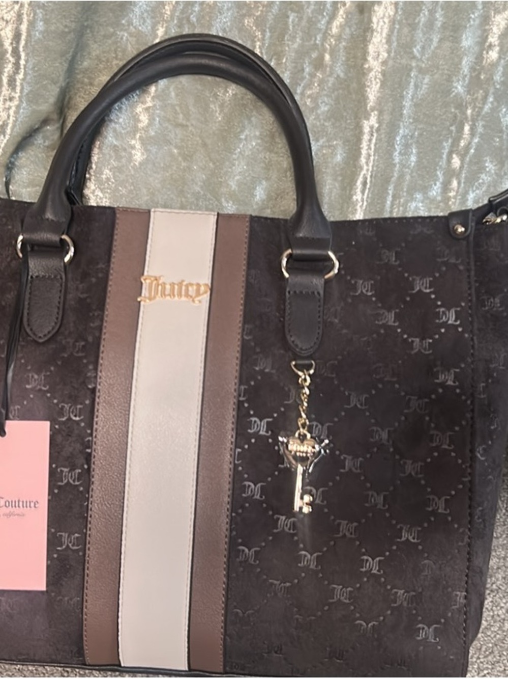 Juicy Couture Brown, Taupe & Cream Logo Stripe Tote with Charm